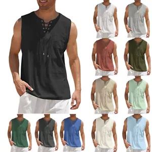 Cotton linen MENS VEST TANK TOP SUMMER TRAINING MUSCLE GYM TOPS T Shirt PLAIN US - Picture 1 of 38