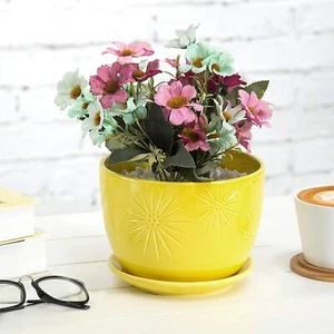 Maceta de cerámica MyGift de 7 pulgadas amarilla Sunburst con platillo - Imagen 1 de 6