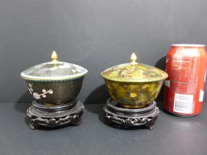 PERFECT LOT OF2CHINESE CLOISONNE VTG ASSORTED JAR SET W/ WOOD STAND(MULTI) 8039 - Picture 1 of 8