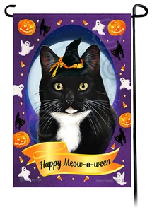 Halloween Garden Flag - Black and White Tuxedo Cat - Picture 1 of 1