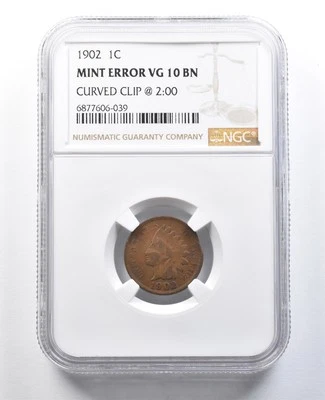 1902 Indian Head Cent Mint Error Curved Clip @ 2:00 VG10 BN NGC *8246 - Image 1 of 3