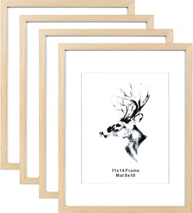 11x14 Wood Picture Frame with Mat for 8x10 Set of 4, Natural Solid Oak Wood 1... - Picture 1 of 7