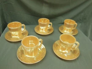 FIRE KING Lusterware Carnival Glass CUPS & SAUCERS Orange Peach Gold Ovenware - Picture 1 of 1