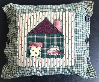 Applique Pillow 12X14" Button Closure Little Cabin Plaid Backing Country Chic - Image 1 of 4
