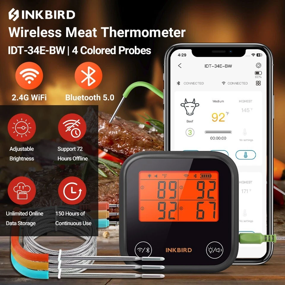 Bluetooth Meat Thermometer INKBIRD WiFi Barbecue Cooking Food 4 Colored Probe CF