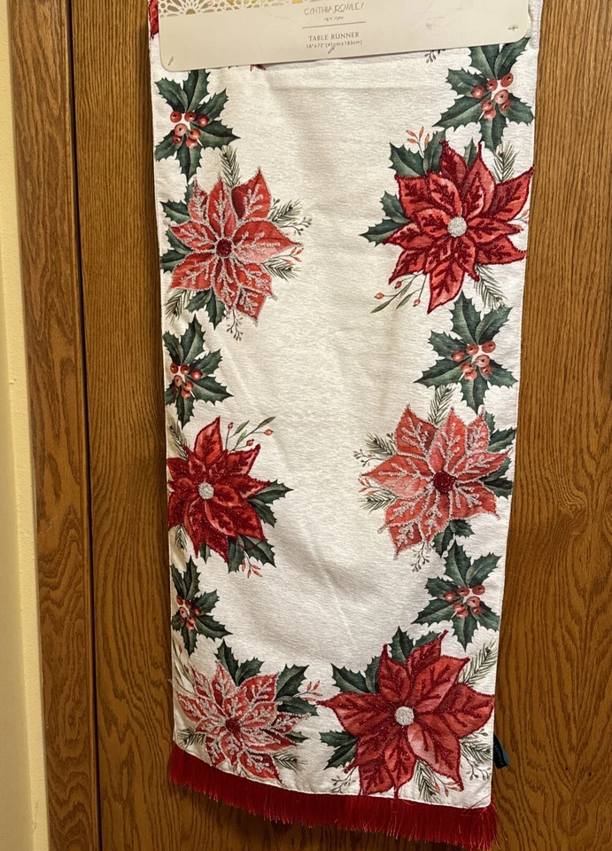 Cynthia Rowley Needlepoint Table Runner Poinsettia Holly Christmas  16"x72" New - Image 1 of 4