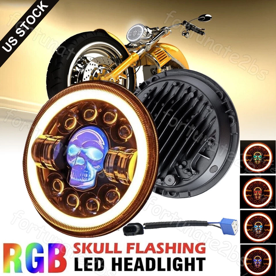 Faro LED calavera 7" ojos de ángel para motocicleta Harley-Davidson Honda Yamaha EE. UU. Foto 1 de 4