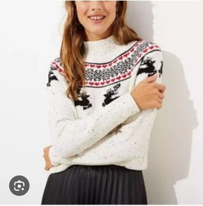LOFT weißer Pullover mit Stehkragen Rentier Urlaub Weihnachten Winter Größe Small - Bild 1 von 11