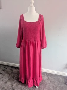 Fat Face Midi Dress Pink Smocked Adele UK 16 R with Linen - Picture 1 of 15