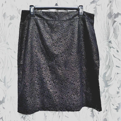L  JACLYN SMITH BLACK GOLD SHIMMER FLORAL LACE LINED STRAIGHT KNEE LENGTH SKIRT - Image 1 of 4