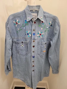 Women Blue Zone Denim Small Shirt Long Sleeve Jewel Western Bejeweled Vintage - Picture 1 of 14