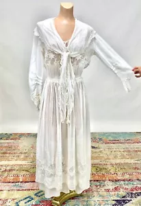 Antique Victorian Edwardian Off-White Cotton Tea Dress Lace Floral Embroidery - Picture 1 of 21