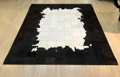Alfombra cuadrada natural de cuero de vaca alfombra de cuero blanco negro alfombra de retazos de cuero de vaca real Foto 1 de 4