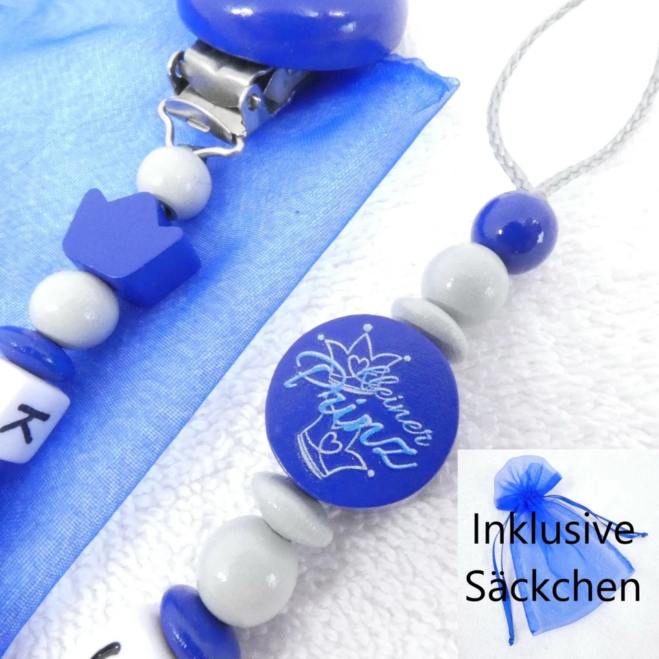 GIFT-STORE24 Schnullerkette mit Namen, blau, grau, kleiner Prinz, Krone, Junge, Baby, Geburt