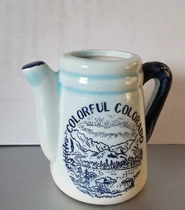 Vtg Colorado souvenir toothpick holder. Ceramic. White & Blue. Coffeepot. 2 1/2" - Picture 1 of 1