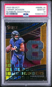 Panini Select Numbers 2023 Lamar Jackson Gold Prizm #/10 PSA 10 Ravens POP 1 - Imagen 1 de 2