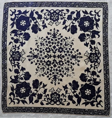 SCARF VINTAGE AUTHENTIC FLORAL ART  FLOWERS BLUE WHITE SILK  30" SQUARE - Image 1 of 4