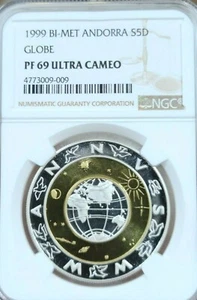 1999 ANDORRA SILVER 5 DINERS S5D BI METAL GLOBE NGC PF 69 ULTRA CAMEO TOP POP ! - Picture 1 of 4