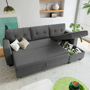 Convertible L-Shaped Sofa Bed with Pull Out Couch Living Room Storage Organizer - Picture 1 of 12