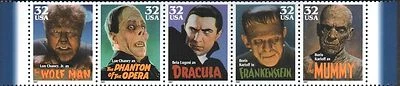 HOLLYWOOD CLASSIC MOVIE MONSTERS US SCOTT 3168-3172 COMPLETE 5 MNH 32c STAMP SET - Image 1 of 4
