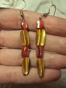 dainty yellow + coral pink abalone sea shell chip + silver tone dangle earrings - Picture 1 of 2