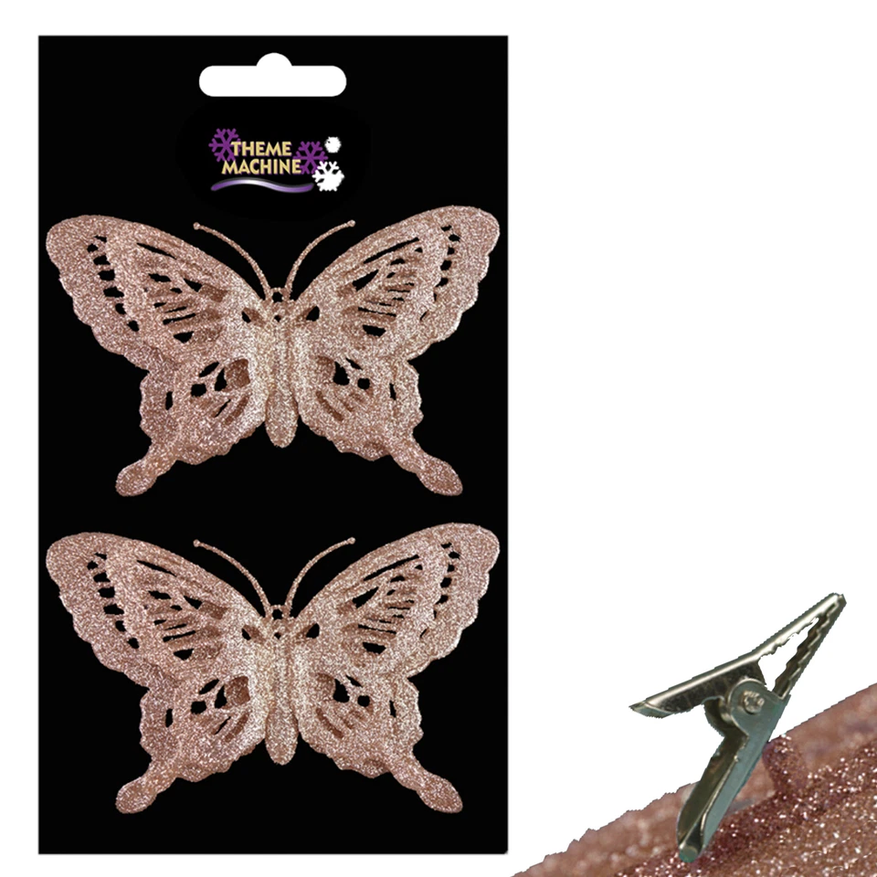 Christmas 2 Pack Clip on Glitter Butterfly Tree Decoration - Rose Gold - Image 1 of 1