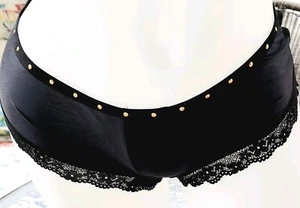 Victoria secret Rare Vintage M Satin Black 🍑 Lace Gold Studded Cut Out Panty - Picture 1 of 2