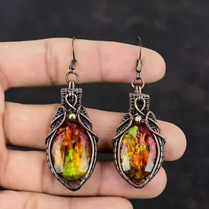 Ammolite Jewelry Copper Gift For Mum Wire Wrapped Drop/Dangle Earrings 2.95" - Picture 1 of 6