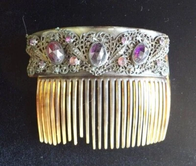 Peine de pelo vintage grande amatista pedrería caparazón de tortuga catalán (¿baquelita?) Foto 1 de 4