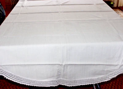 Tischdecke oval 2,20 x 1,55 Leinen weiß Mittelnaht Monogramm S Häkelspitze HB144 - Bild 1 von 4