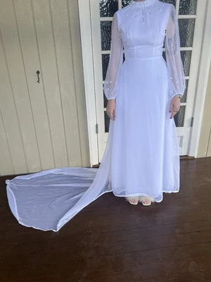 Vintage 70's OOAK Handmade Chiffon Overlay Hand Beaded Sheer Sleeves Train Sz 8 - image 1 of 4