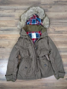 VTG 2009 Y2K American Eagle Jacket Military Parka Coat Fur Flannel Plaid Lined L - Picture 1 of 9
