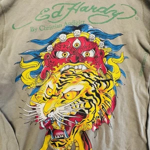 Vtg Ed Hardy Tiger Monster Waffle Thermal Y2K Long Sleeve Shirt NWT Olive M USA  - Picture 1 of 9