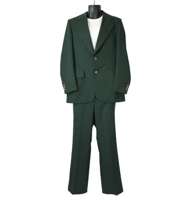 70 年代 2 件套 40L 33x32 复古深绿色条纹西装裤迪斯科服装 — 第 1/4 张图片