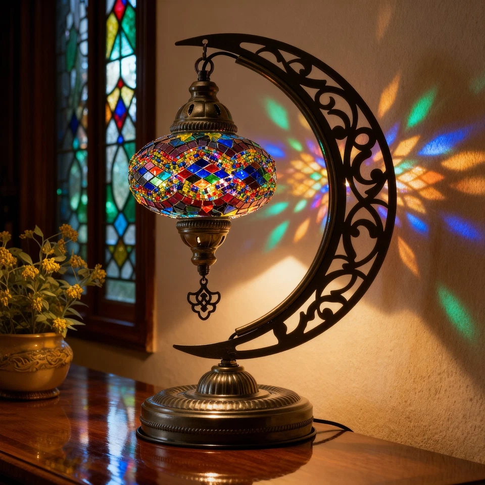 Mozaist Turkish Mosaic Moon Table Lamp, Moroccan Style Stained Glass Lamp - Image 1 of 4