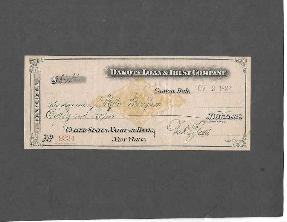 1886 DAKOTA LOAN & TRUST COMPANY,CANTON,DAK BANK CHECK - Image 1 of 1