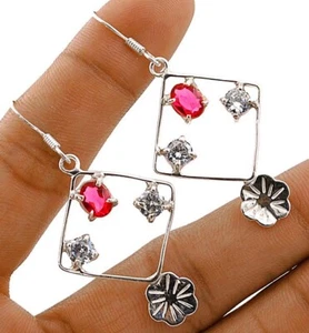 Natural Treated Ruby & Topaz 925 Sterling Silver Earrings Jewelry @B11-5 - Picture 1 of 1