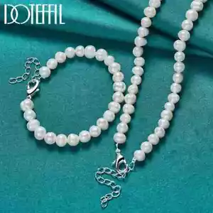 DOTEFFIL 8mm Artificial Pearl Beaded Chain 925 Silver Buckle Necklace Bracelet - Picture 1 of 6
