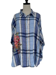 NWT Lauren Ralph Lauren Floral & Plaid Linen Shirt, Blue/White 3X Plus - Picture 1 of 15