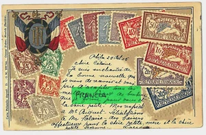 19.-PPC POSTAL FRANCIA SELLOS MONTAJE ESCUDO DE ARMAS EN RELIEVE (Espalda Indivisa) - Imagen 1 de 2