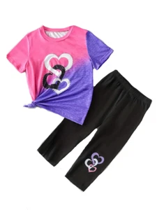 New Boutique Girls 10 Short Sleeve Pink Purple Hearts Pants Set Outfit - Picture 1 of 4