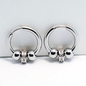  2Pcs Stainless Steel Charm Round Bead CZ Circle Huggie Hoop Studs Earrings