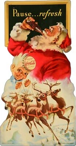 COCA COLA SANTA CLAUS REINDEER 21" HEAVY DUTY USA METAL COKE ADVERTISING SIGN - Picture 1 of 1