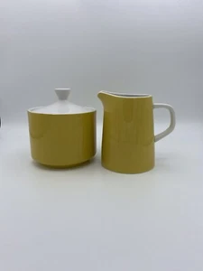 VTG Mikasa Cera Stone Yellow White Covered Sugar Bowl Creamer Mid Century Modern - Picture 1 of 9