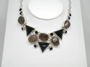 Authentic Handmade Necklace .925 Sterling Silver, Onyx, Smoky Quartz NEW - Picture 1 of 12