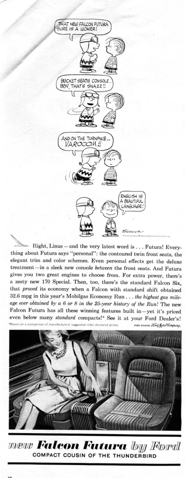 1961 Ford Falcon Futura Винтажная Печатная Реклама Арахис Полоса Чарли Браун Лайнус - Изображение 1 из 1