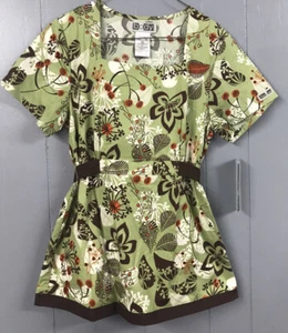 Cherokee Scrubs Top. Olive Green, Floral Pattern. Tie In Back. Size XS. NWT. - Picture 1 of 11
