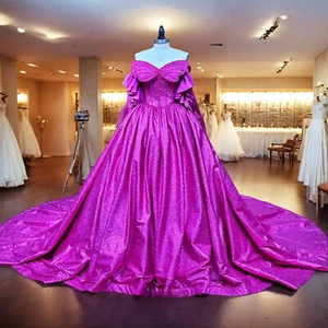 Elegant Purple A Line Shiny Pearls Big Bow Short Sleeves Ball Gown Wedding Dress - Picture 1 of 10