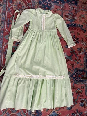 VTG 70s Lime Green Polka Dot Lace Ruffle Prairie Dress - Approx Size 10 Tie - Image 1 of 4