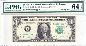 1963-A $1 FRN PMG Choice Unc 64EPQ Fancy TRUE 0/1 BINARY Serial #E00001010F - Picture 1 of 2